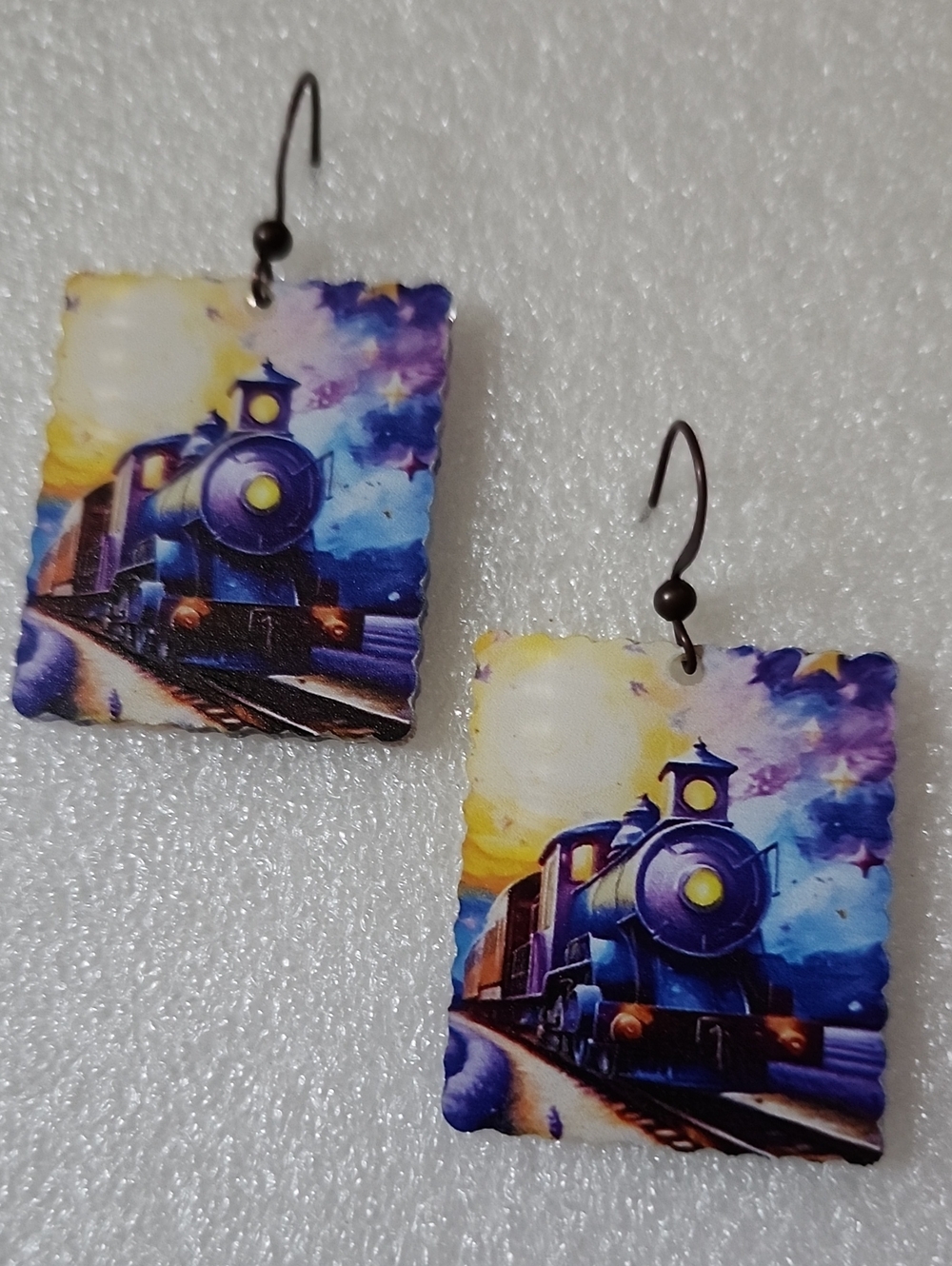 Hand Crafted Blue Purple Yellow Train Scene Earrings